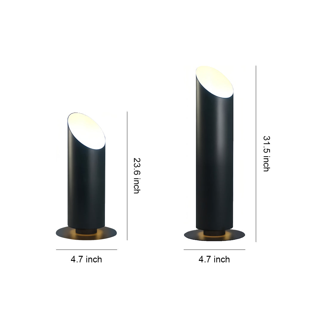 Dimensions diagram for two sizes of black angled landscape tree up lighting fixtures, 23.8 inches and 31.5 inches tall.