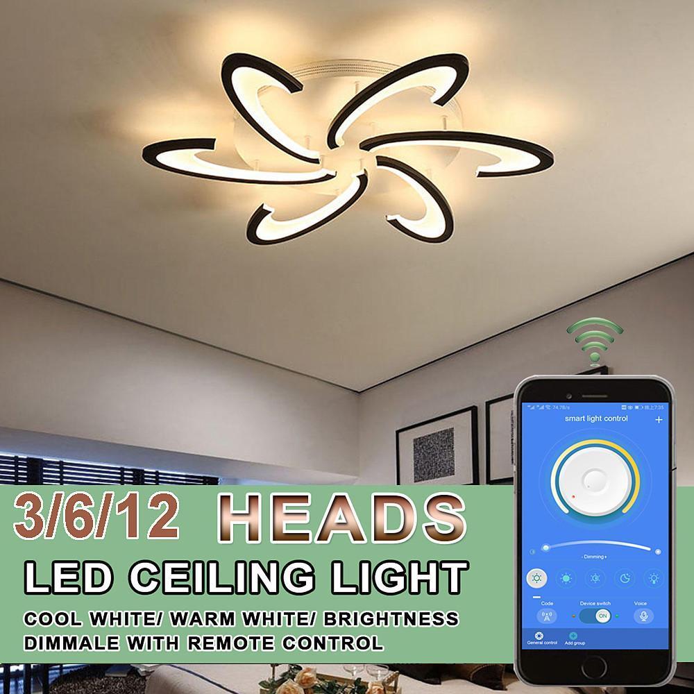 Dimmable curved LED ceiling light with adjustable brightness and color temperature.