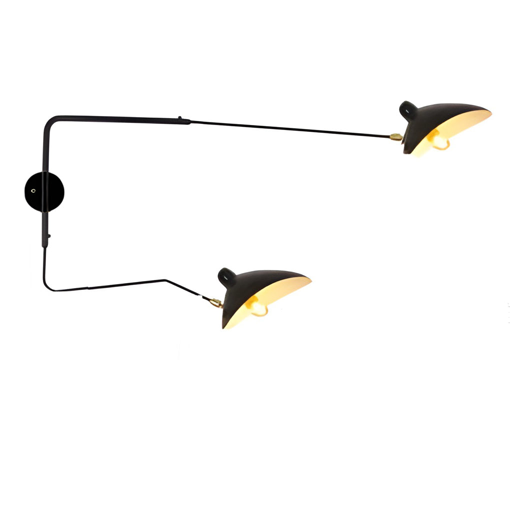 Double arm wall sconce product image showing compact folded arm position with warm light output.