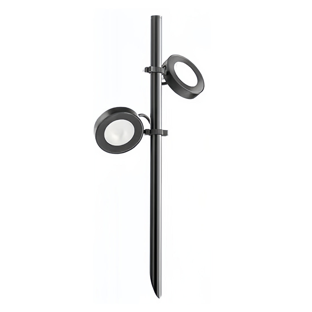 Double-head black pathway landscape lights model, showing two adjustable spot heads on a single pole for broad area coverage.
