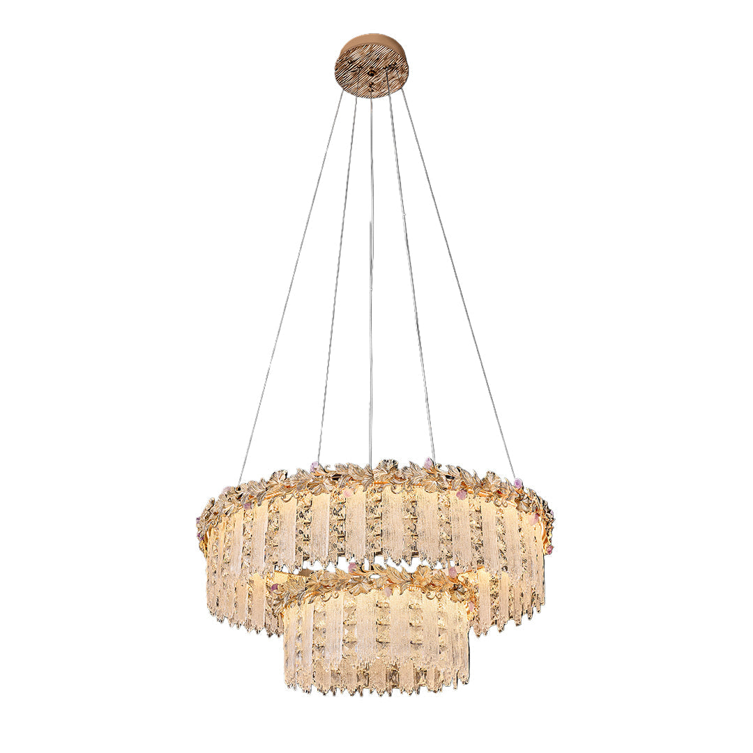 Gold chandelier crystal featuring double-tier crystal design and warm lighting.