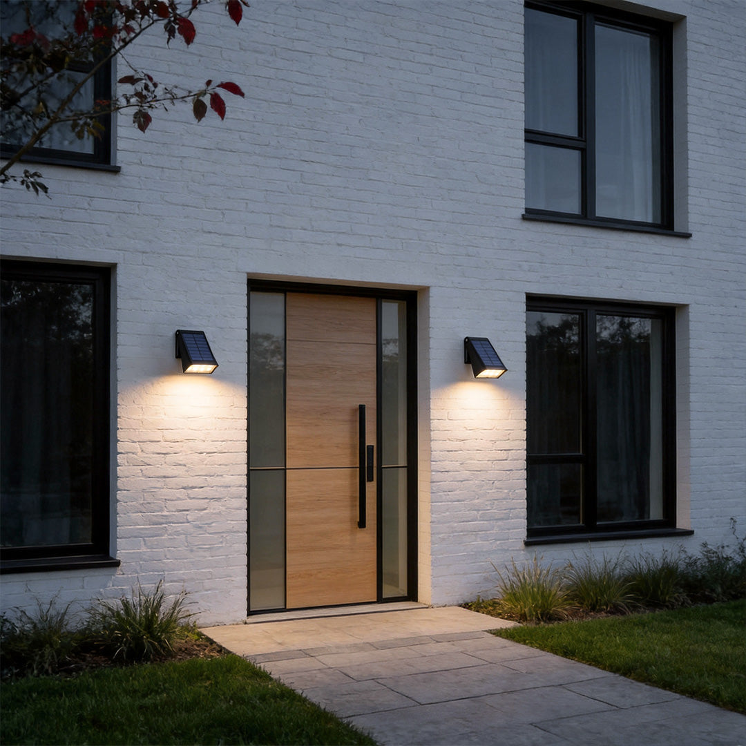 Down light wall sconce installed beside a modern front door entrance.