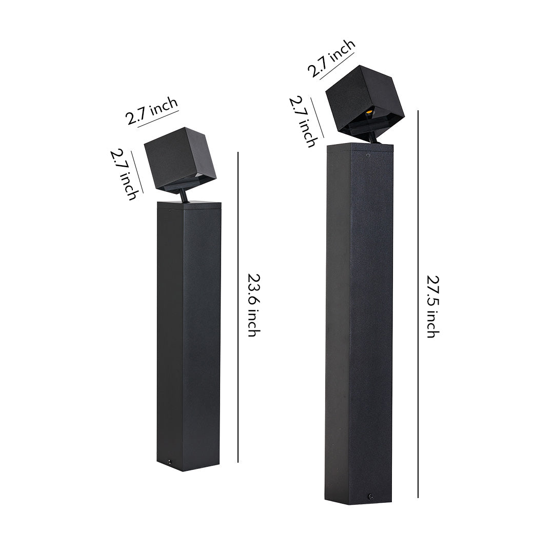 Technical specification drawing showing two different height pathway outdoor lights with square heads and cylindrical posts