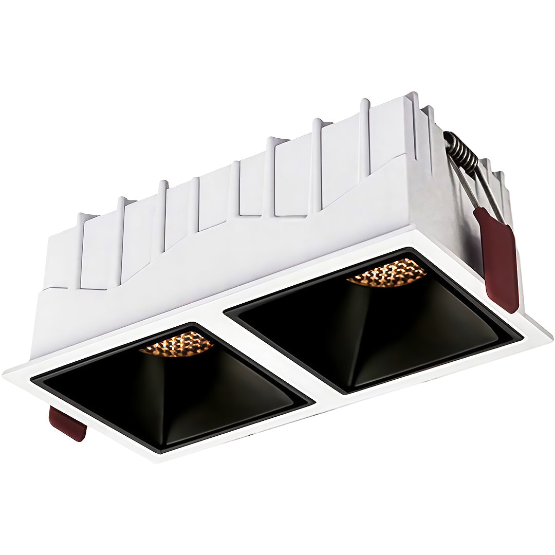 Dual-light recessed square LED downlights fixture in a white frame with two separate black baffles.