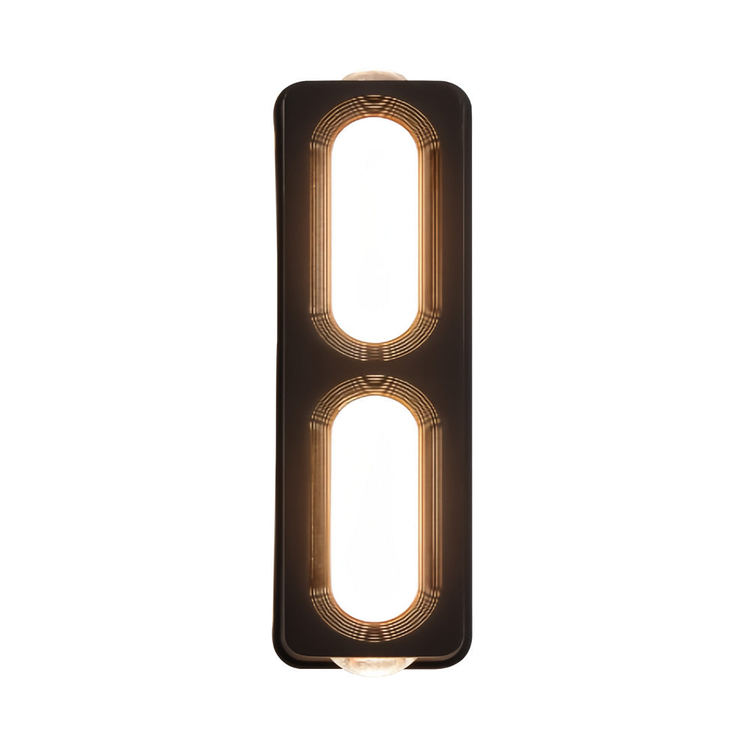 Vertical dual-window unique outdoor wall lighting design featuring warm illumination inside a slim black housing.