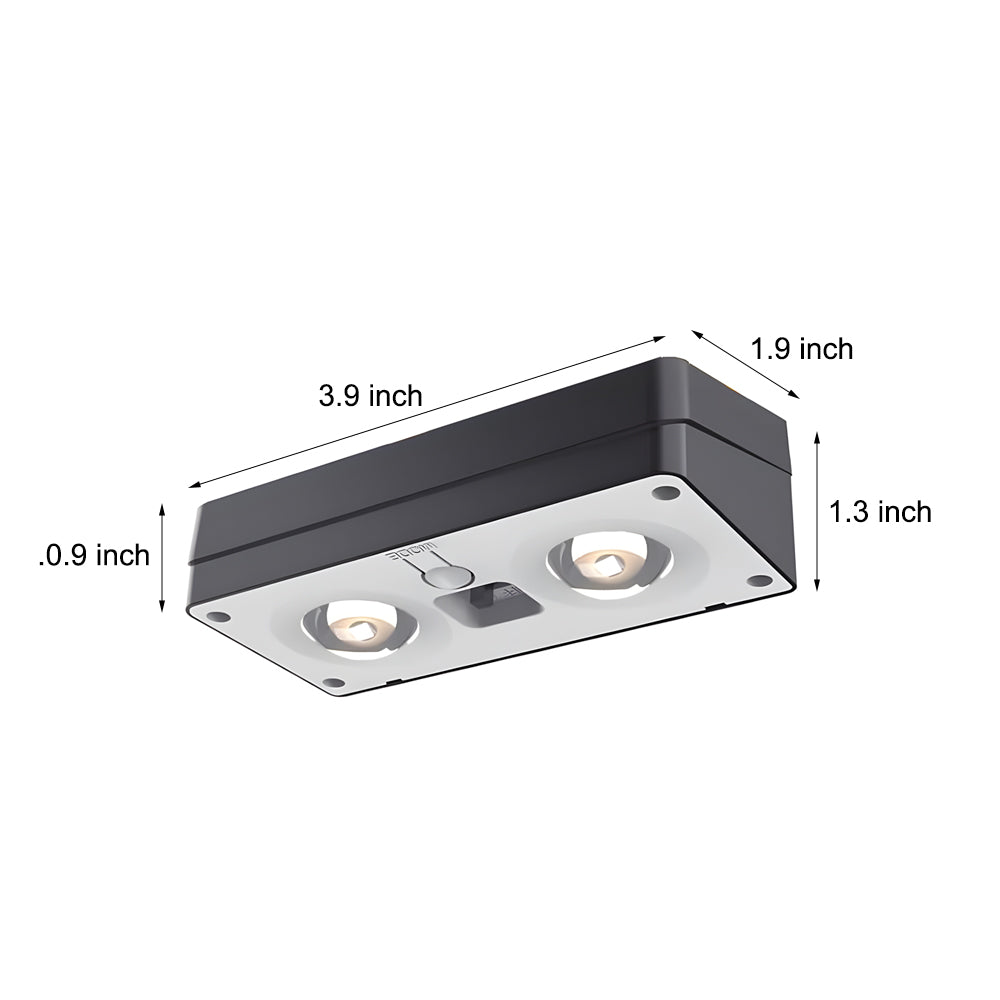 Technical specification drawing showing dimensions and mounting details for dual LED spotlight fixture