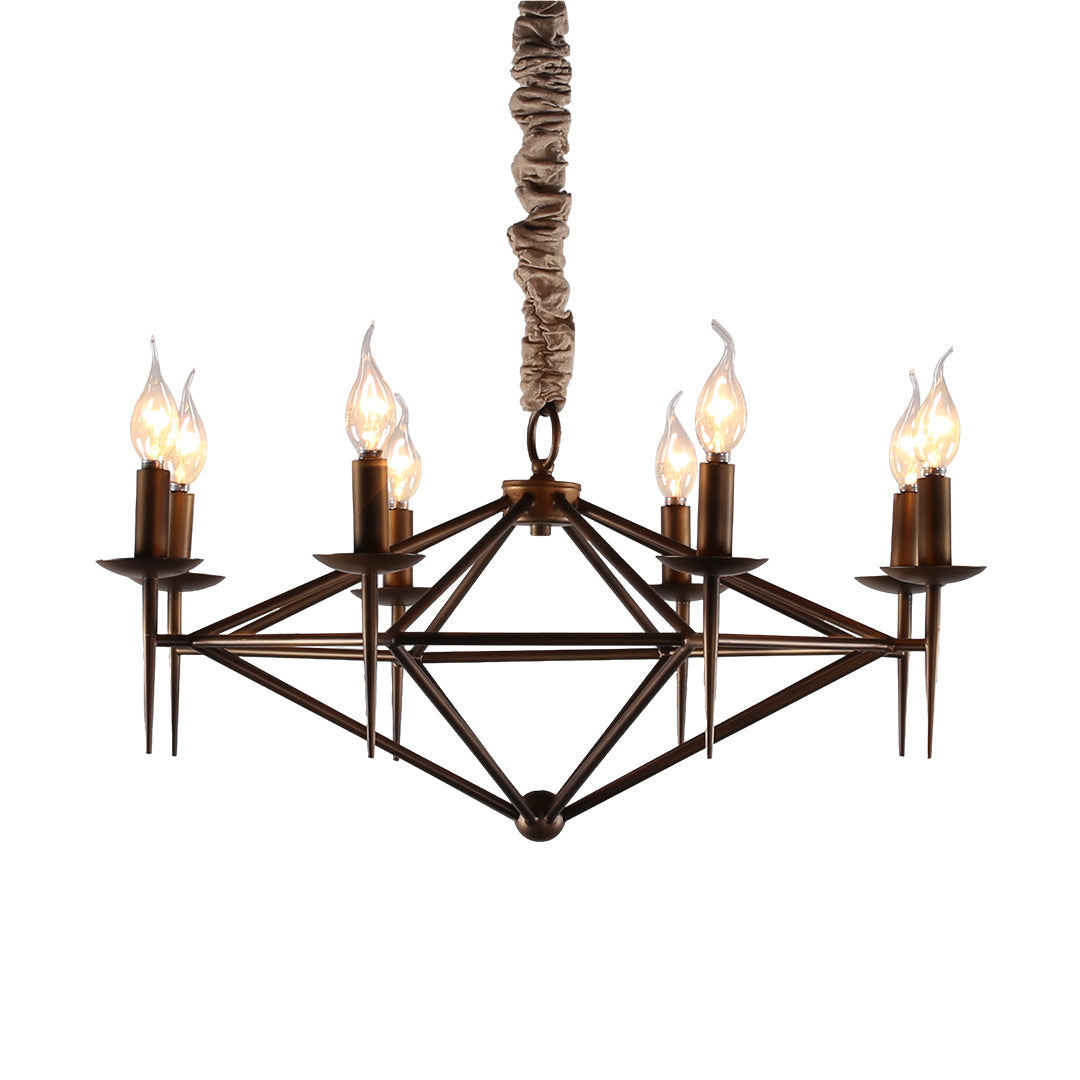 Close-up of the eight-light brown chandelier, showing the decorative rope suspension and individual candelabra bulb holders.