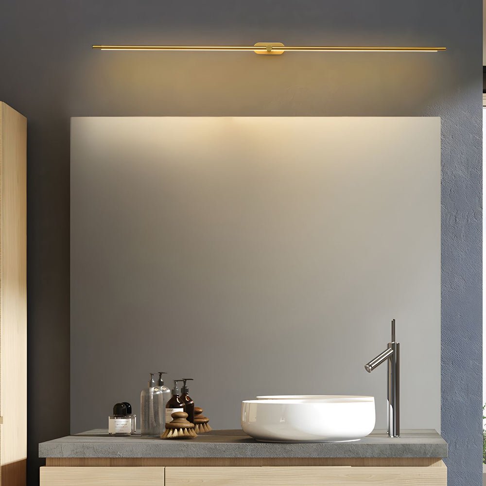 Elegant and functional bathroom vanity light strip mounted above a bathroom mirror, offering sleek illumination.