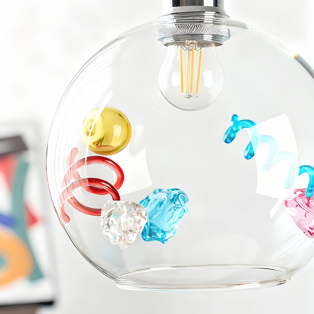 Elegant bubble design colorful glass pendant lights showcasing the clear glass and internal colors.