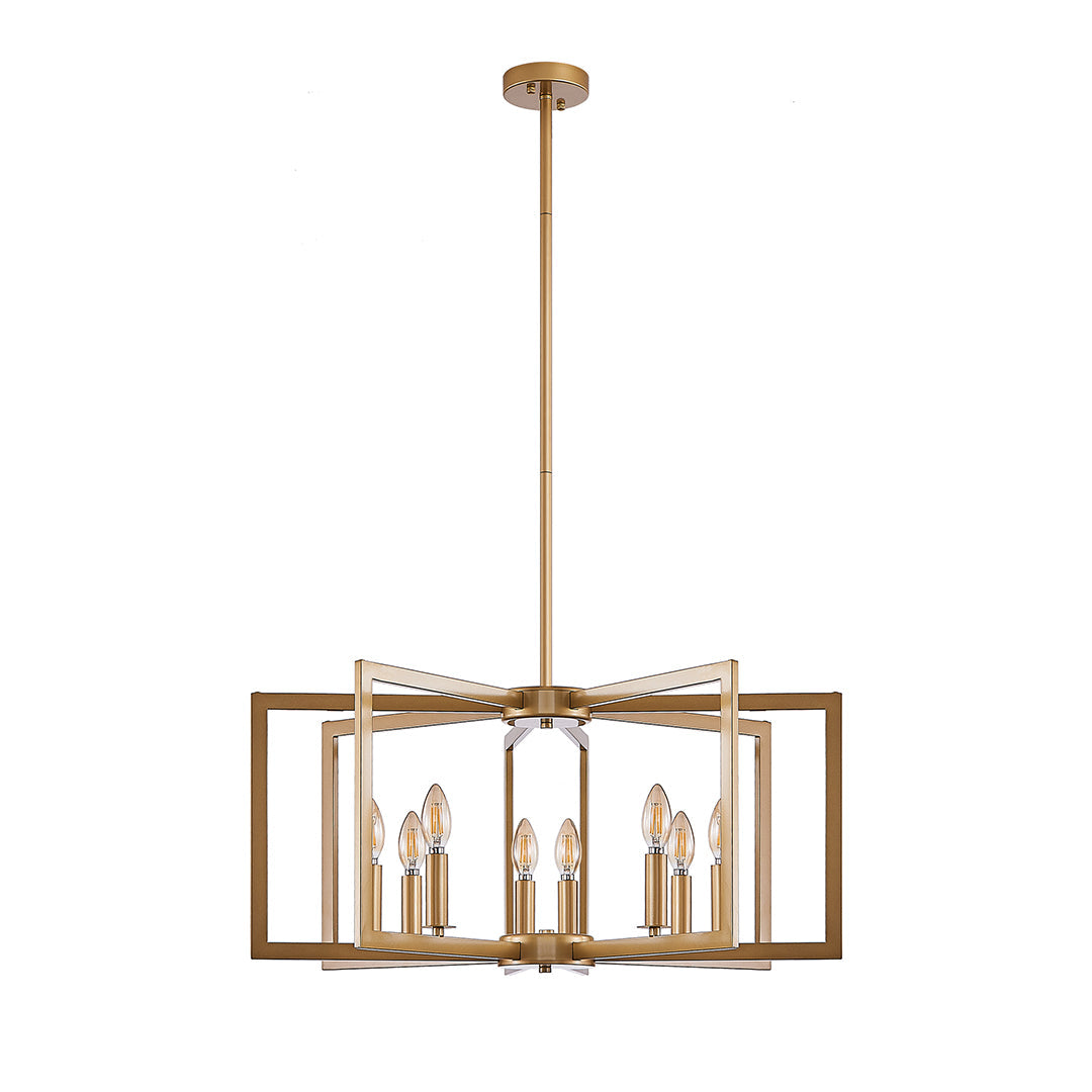 Close-up of golden candle chandelier arms with bulb sockets and refined metallic texture.