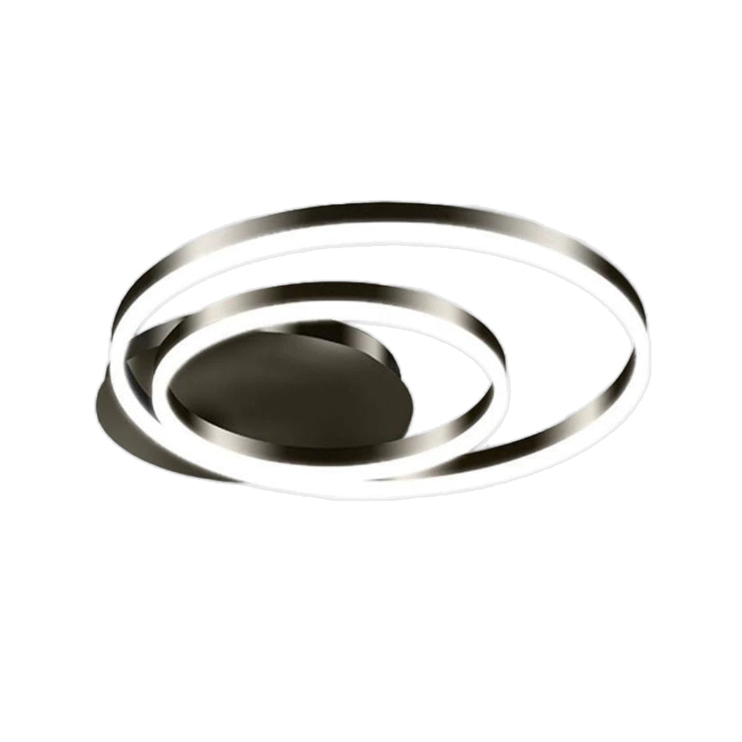 Elegant circular ceiling light with contrasting black and white rings in modern setting