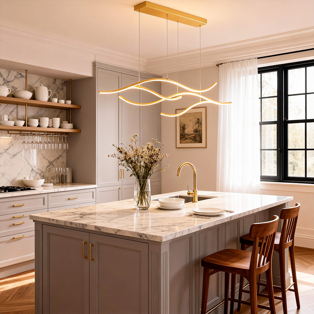Elegant curved LED pendant light above a large dining table in a classic interior.