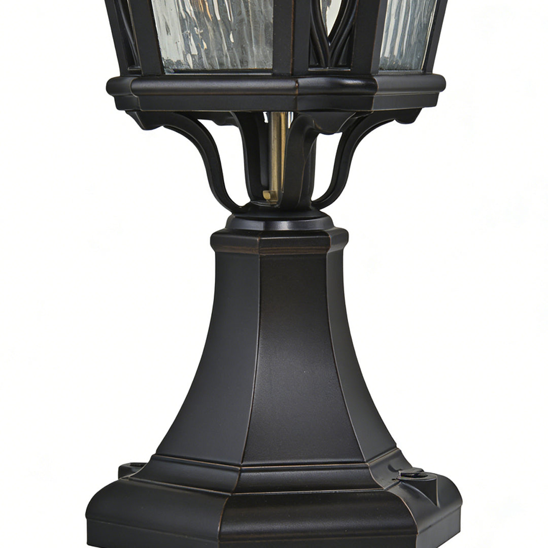 Elegant black post light with a sturdy base and dual lantern design, perfect for sophisticated outdoor pathways and garden lighting.