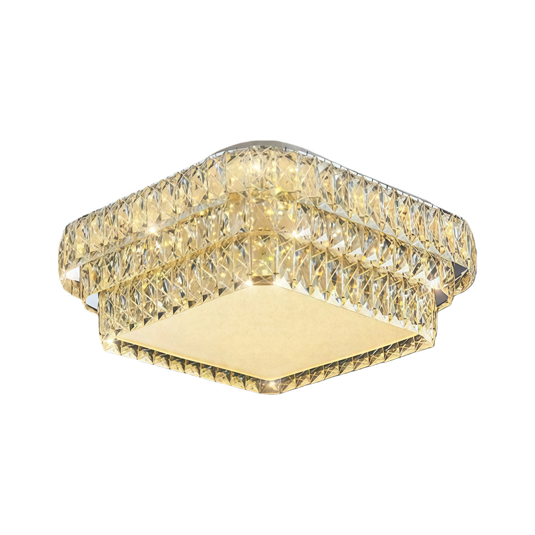 Elegant flush mounted LED lights featuring glass shade chandelier influence with champagne finish and crystal embellishments.