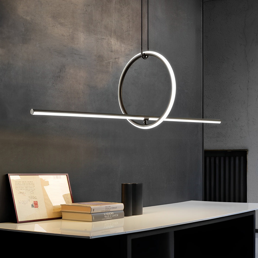 Elegant geometric pendant light fixture with a circular frame, enhancing a contemporary kitchen space.