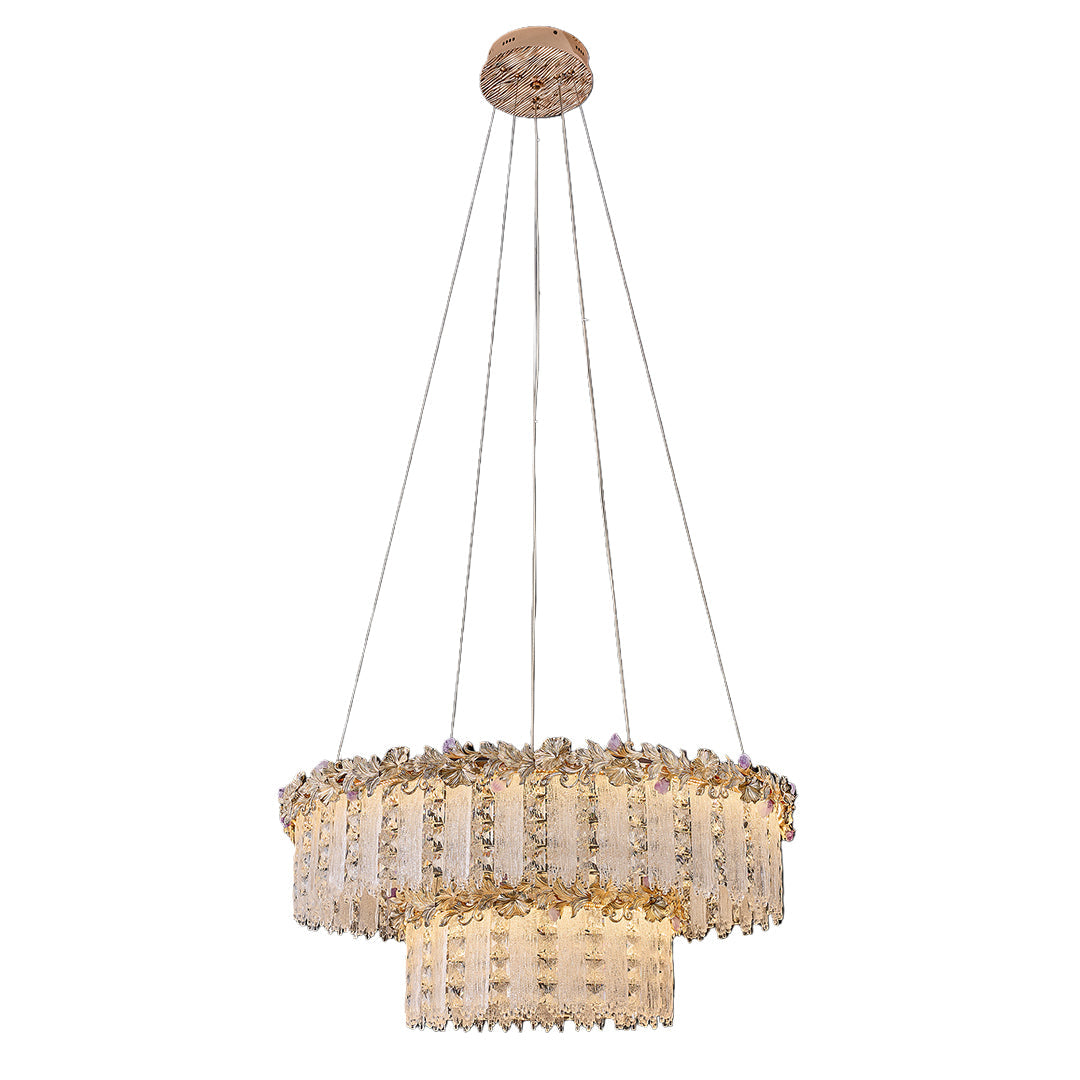 Gold chandelier crystal with elegant round frame and cascading crystal drops.