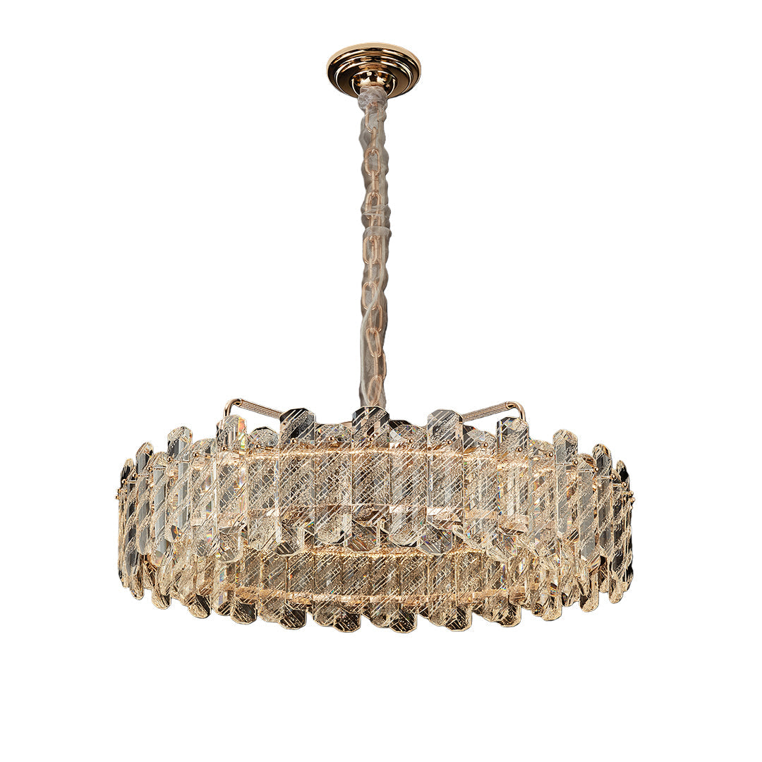 Elegant Nordic chandelier with glass shade chandelier design in round tiered configuration with sparkling champagne crystal layers.