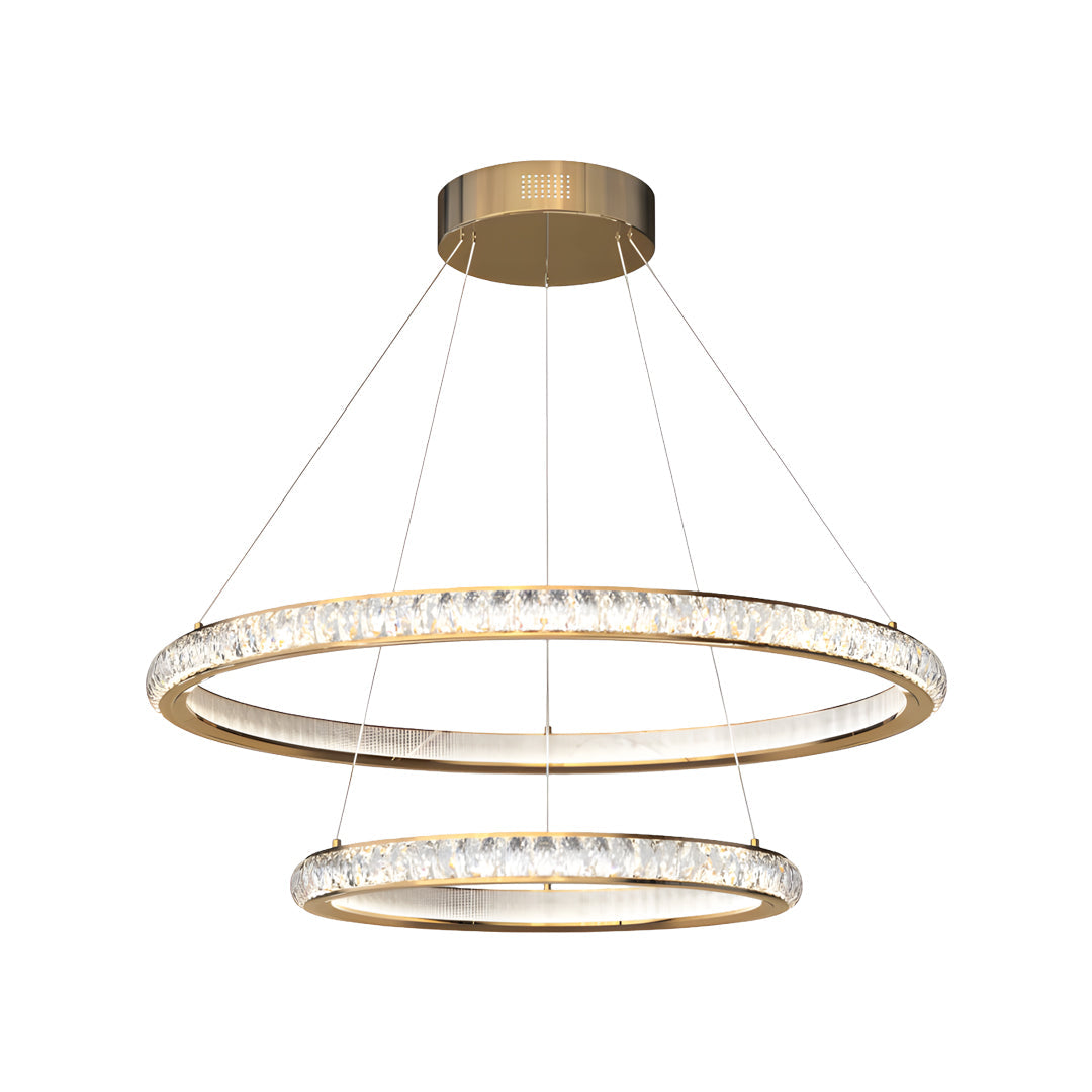 Elegant round gold crystal chandelier with dual-tier circular rings featuring crystal accents in champagne gold
