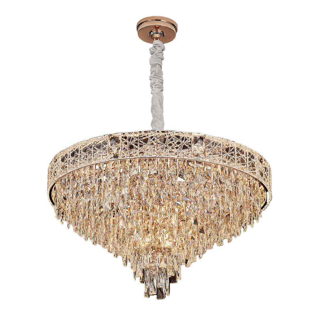 Elegant round large chandelier crystals with multiple layers of golden crystal strands.