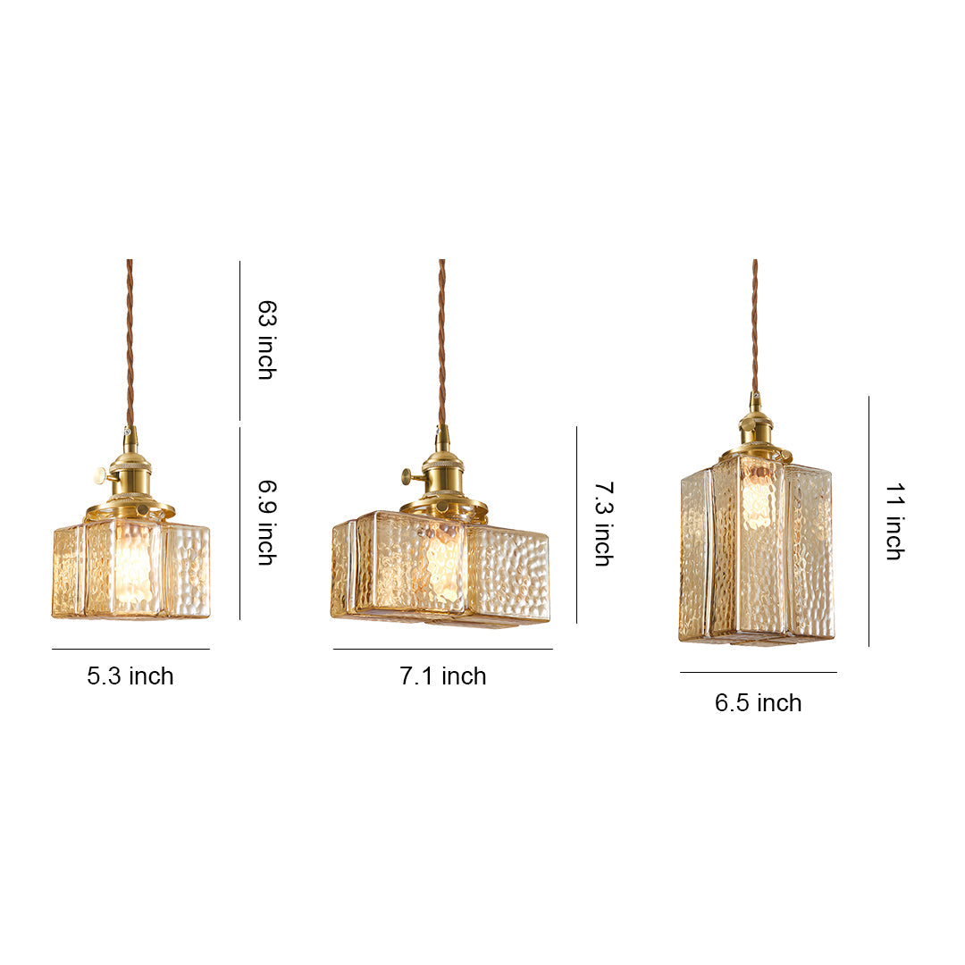 Elegant square glass pendant light with textured clear glass shade and brass finish for vintage-inspired lighting.