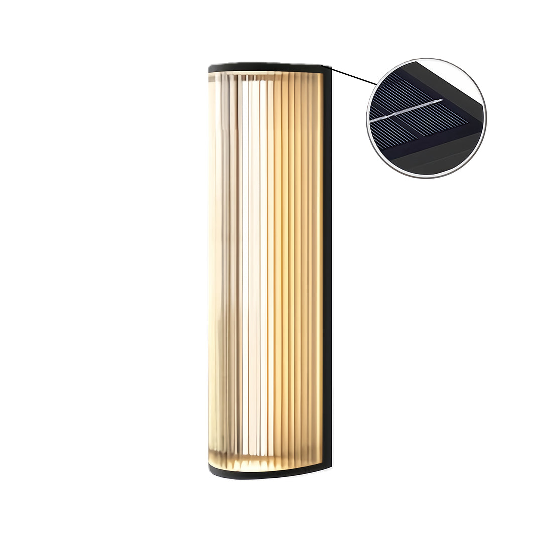 Elegant vertical wall sconce lighting featuring a ribbed glass shade and a magnified detail of the solar sensor.