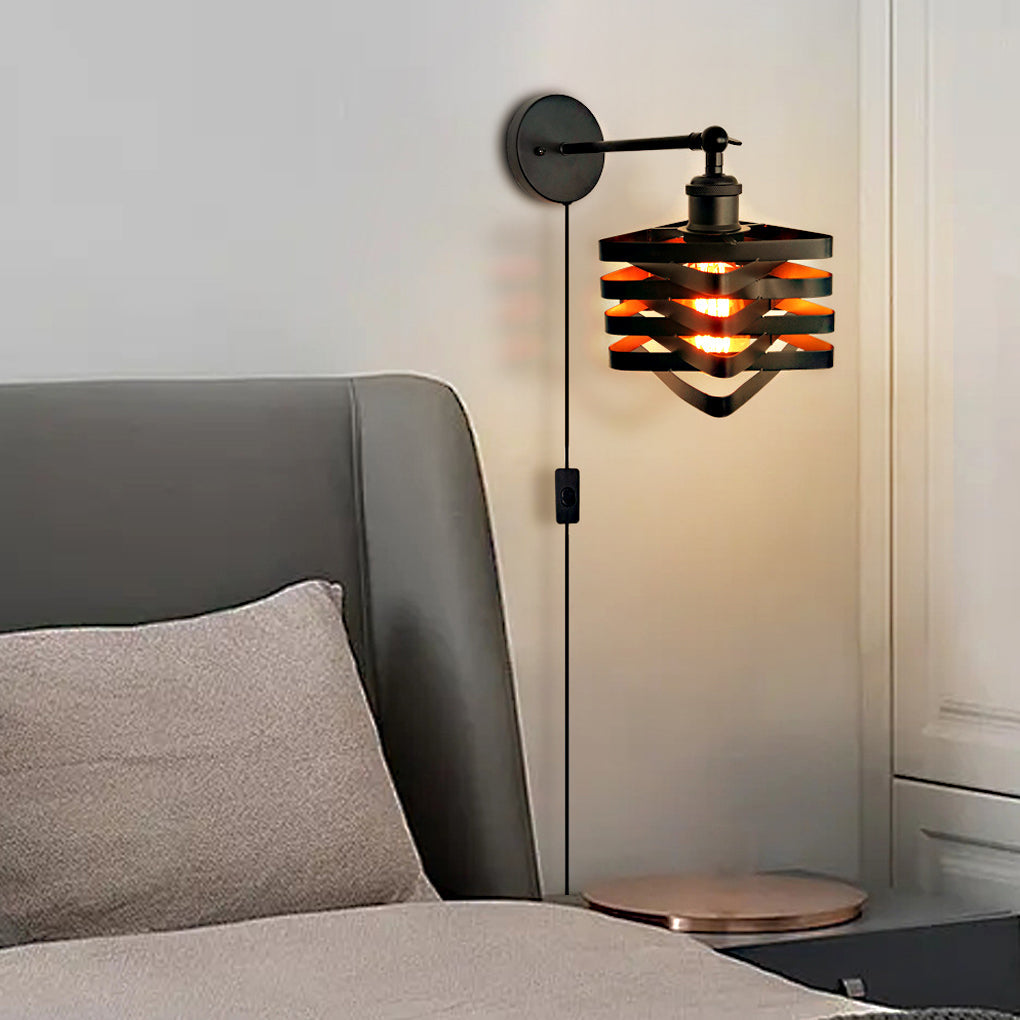Elegant wall mount lights with plug, providing warm illumination for a minimalist bedroom with neutral tones.