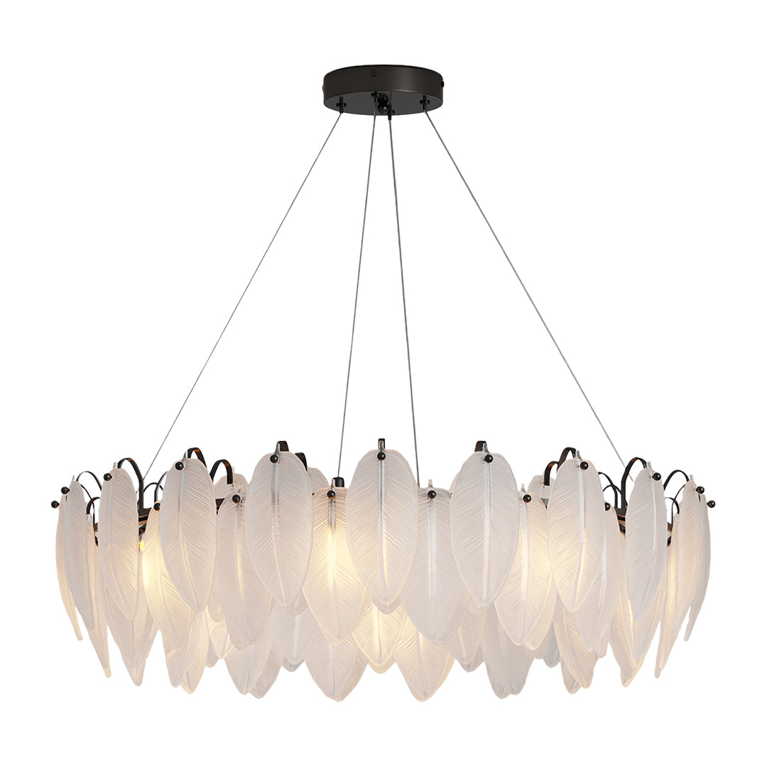 Modern luxury chandeliers with elongated black frame and frosted feather glass