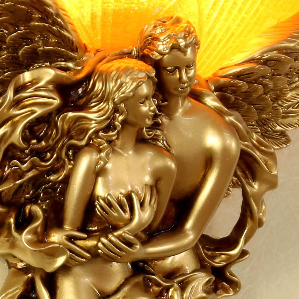 European angel wall sconce in a dining room, enhancing the ambiance with golden illumination.