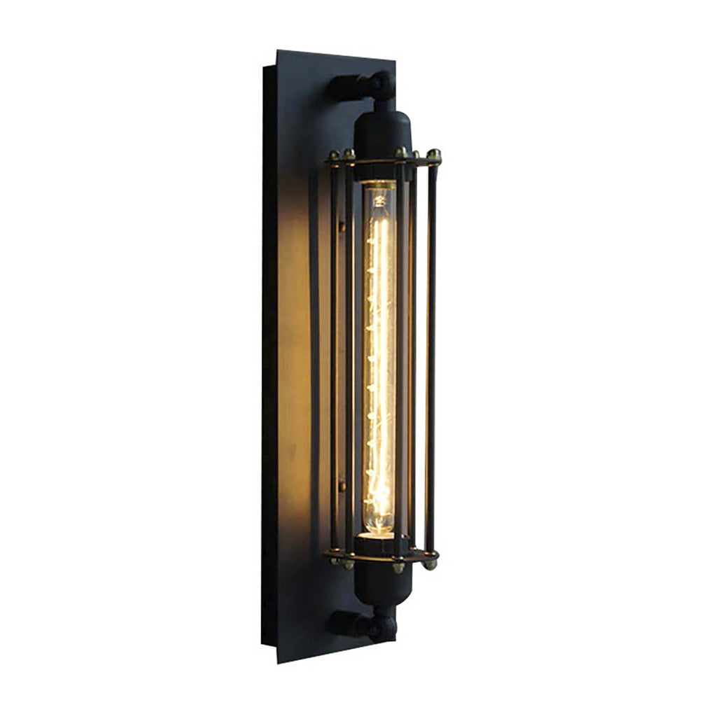 Vintage industrial wall sconce with exposed bulb, installed on brick wall beside patio for outdoor-indoor harmony.