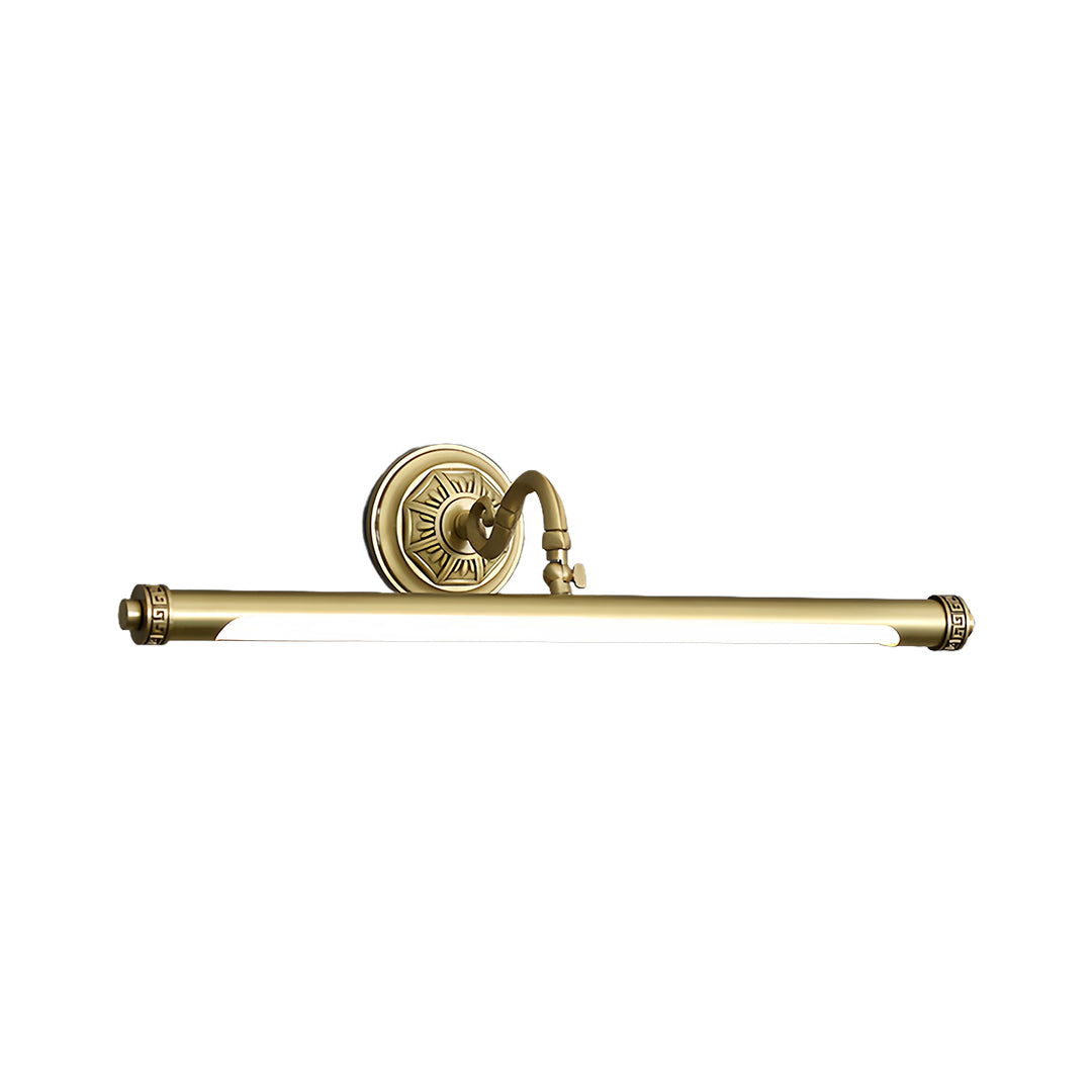 Extended gold bathroom vanity light with ornate mounting detail and long horizontal bar