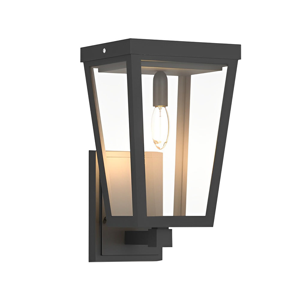 Exterior LED wall lantern with geometric design, mounted on a wall for focused outdoor lighting.