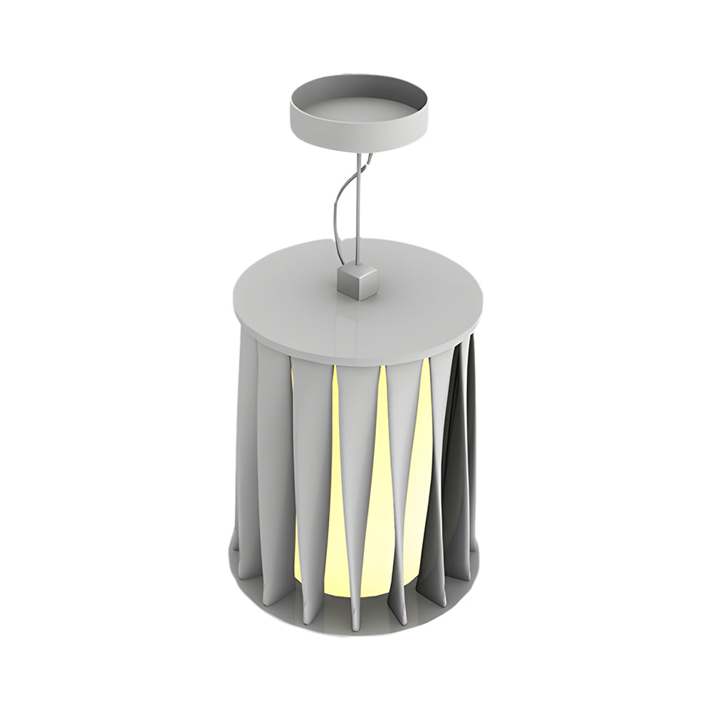 Modern cylindrical pendant lights with vertical slat design shown in white and black finishes, plus outdoor installation examples