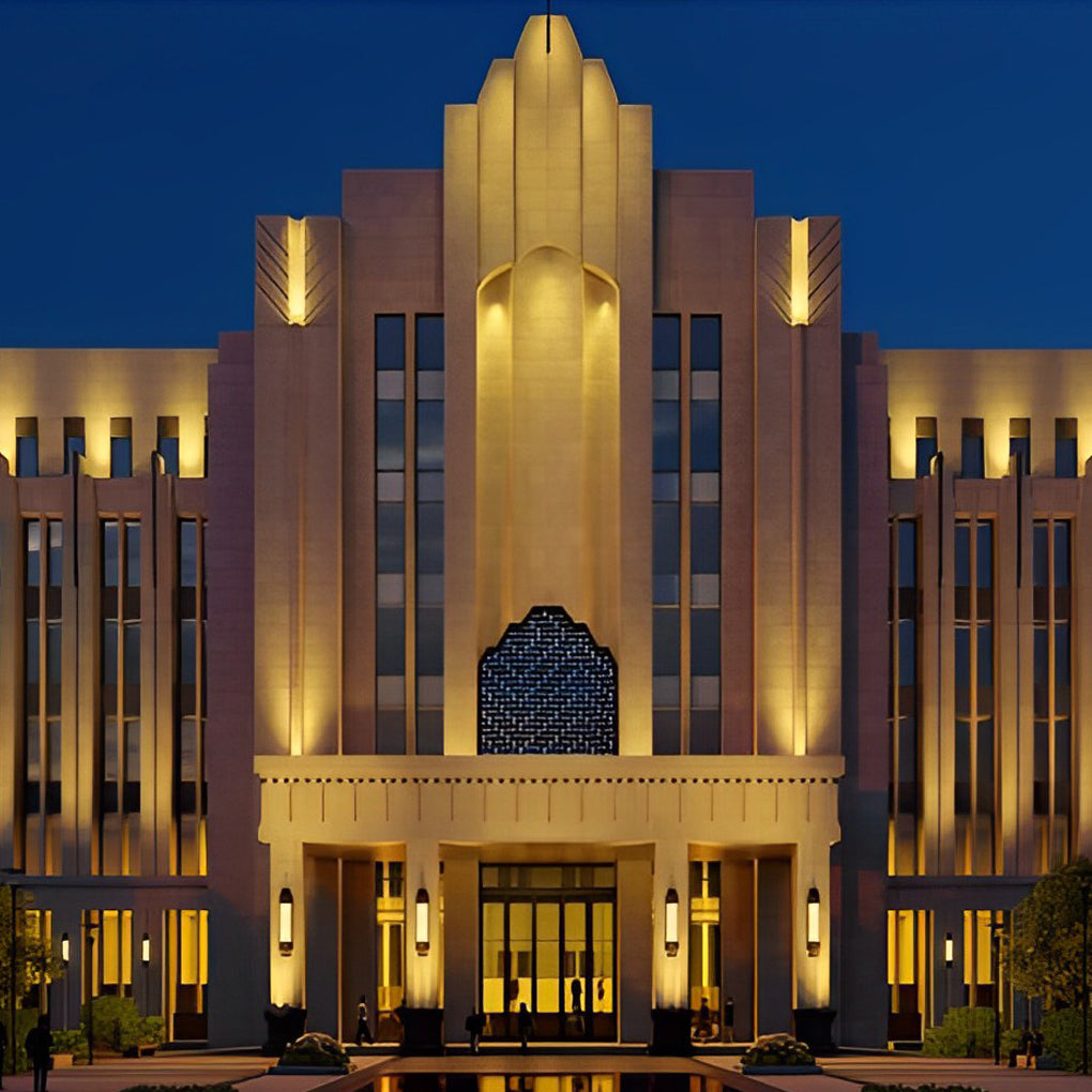 Facade spot lights highlighting a grand Art Deco style building facade with warm illumination at night.