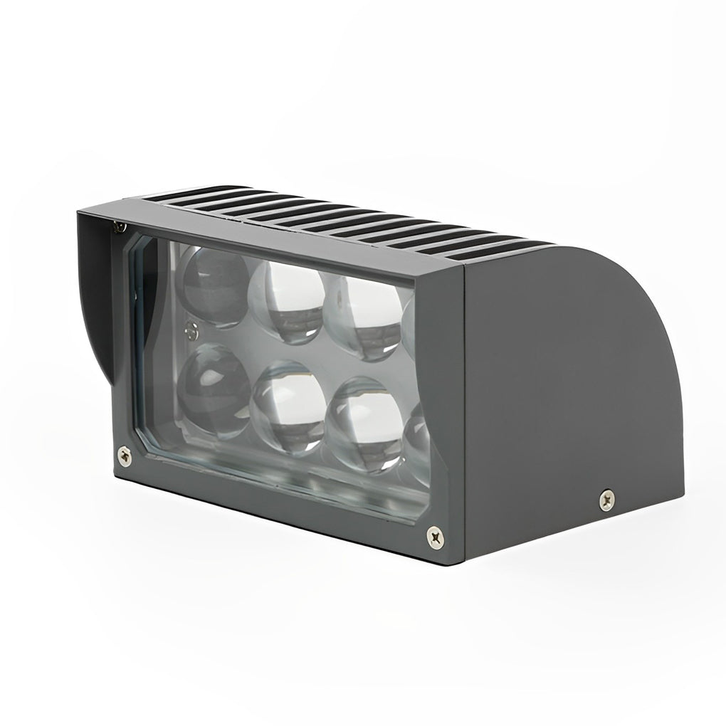 Facade spot lights isolated product view, displaying compact body and clear glass cover for exterior use.