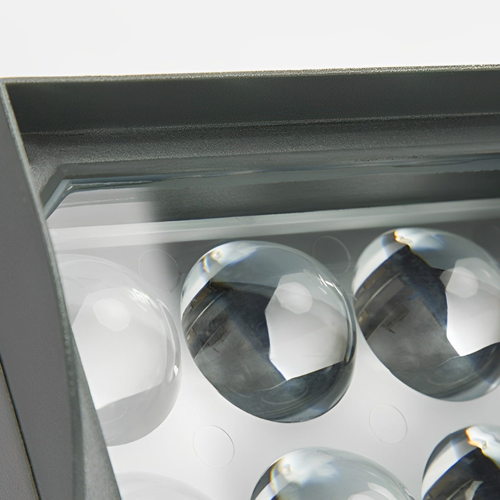 Facade spot lights close up of LED lens array, designed for focused and efficient architectural lighting.