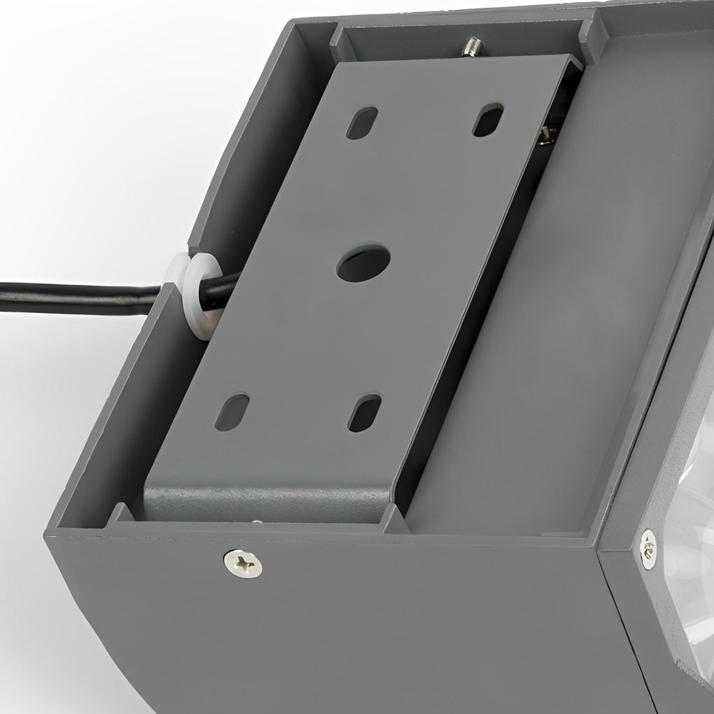 Facade spot lights mounting bracket detail, showing installation hardware and sturdy outdoor construction.