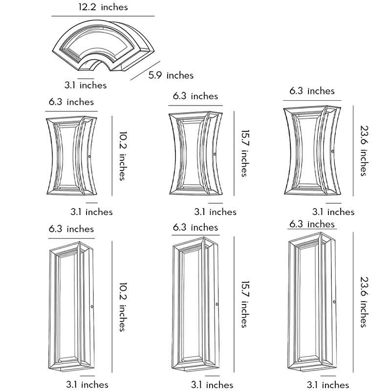 Technical diagram showing dimensions and structure of fan shaped wall sconce models.