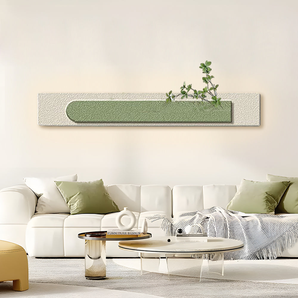 Faux sandstone wall light providing soft illumination above a stylish sofa setup.