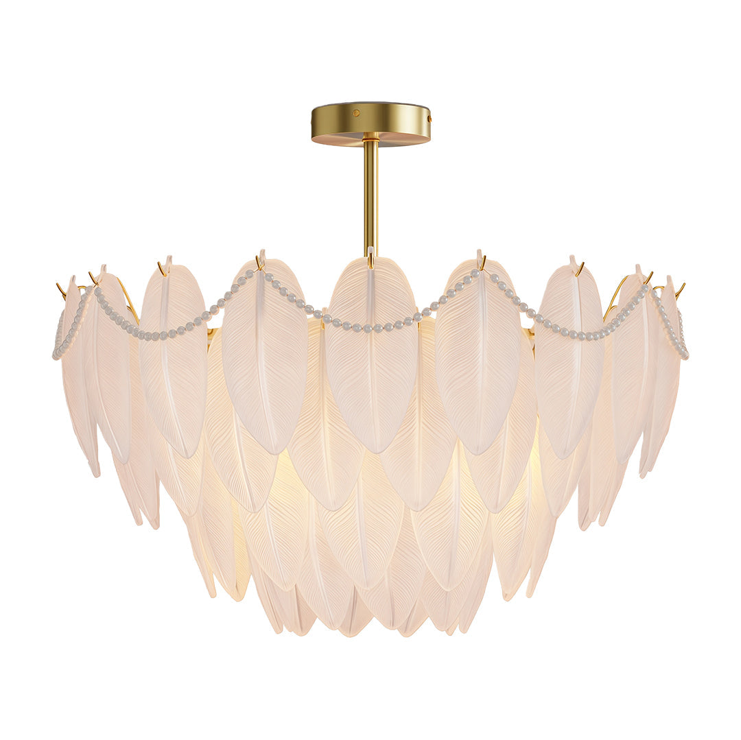 Feathers chandelier enhancing elegant bedroom with upholstered headboard and symmetrical nightstands