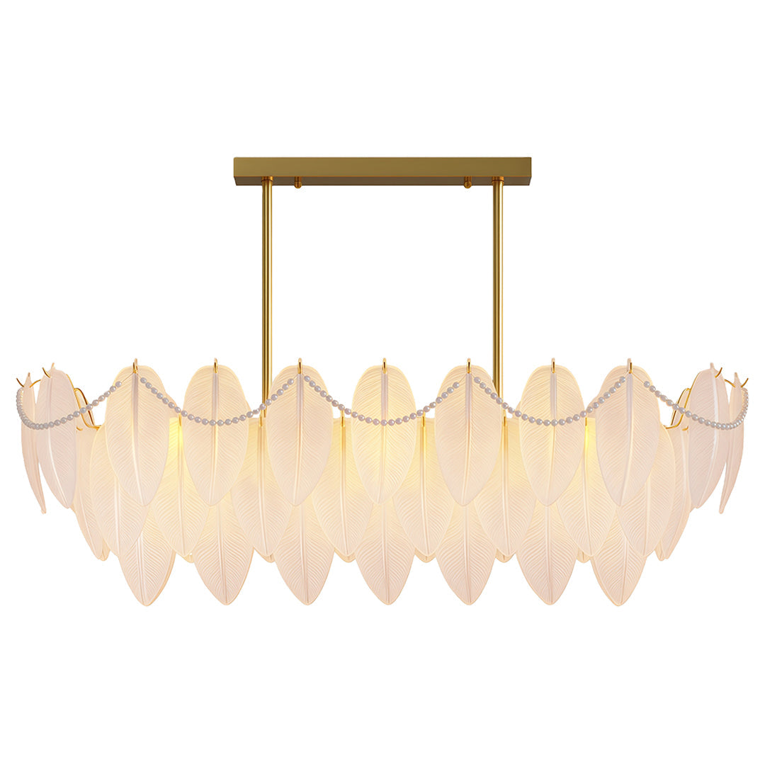 Feathers chandelier enhancing elegant dining room with display cabinet and large windows