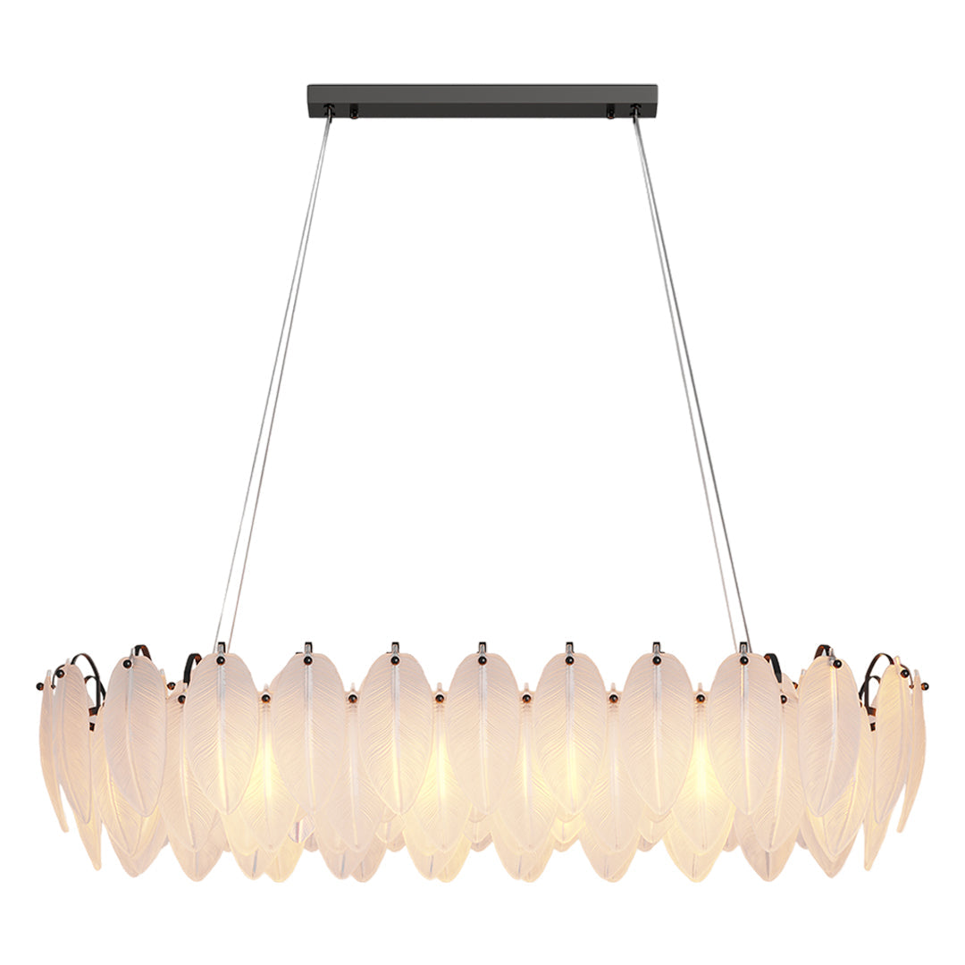 Modern luxury chandeliers lighting elegant dining space with built-in shelving display