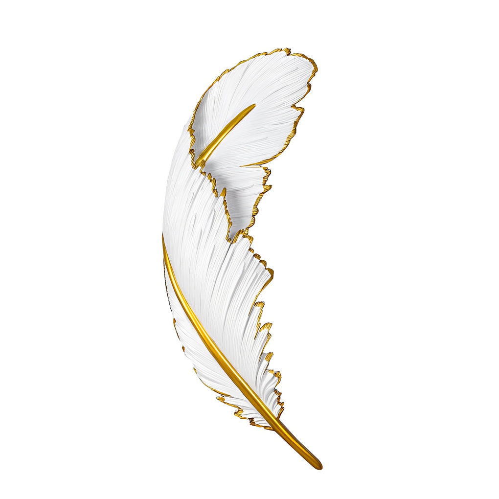 Feather LED wall lamp with a close-up of its feather and gold leaf detail.
