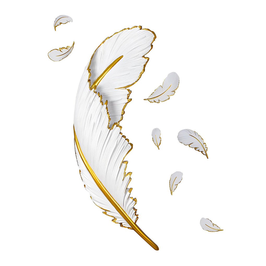 Feather LED wall lamp with a close-up of its feather structure and glowing light.