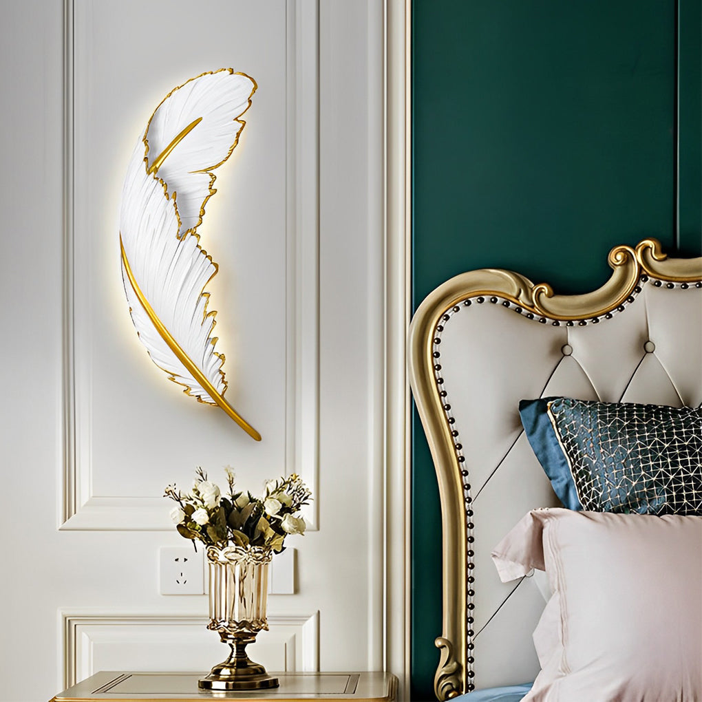 Feather LED wall lamp with a close-up of its feather texture and light.