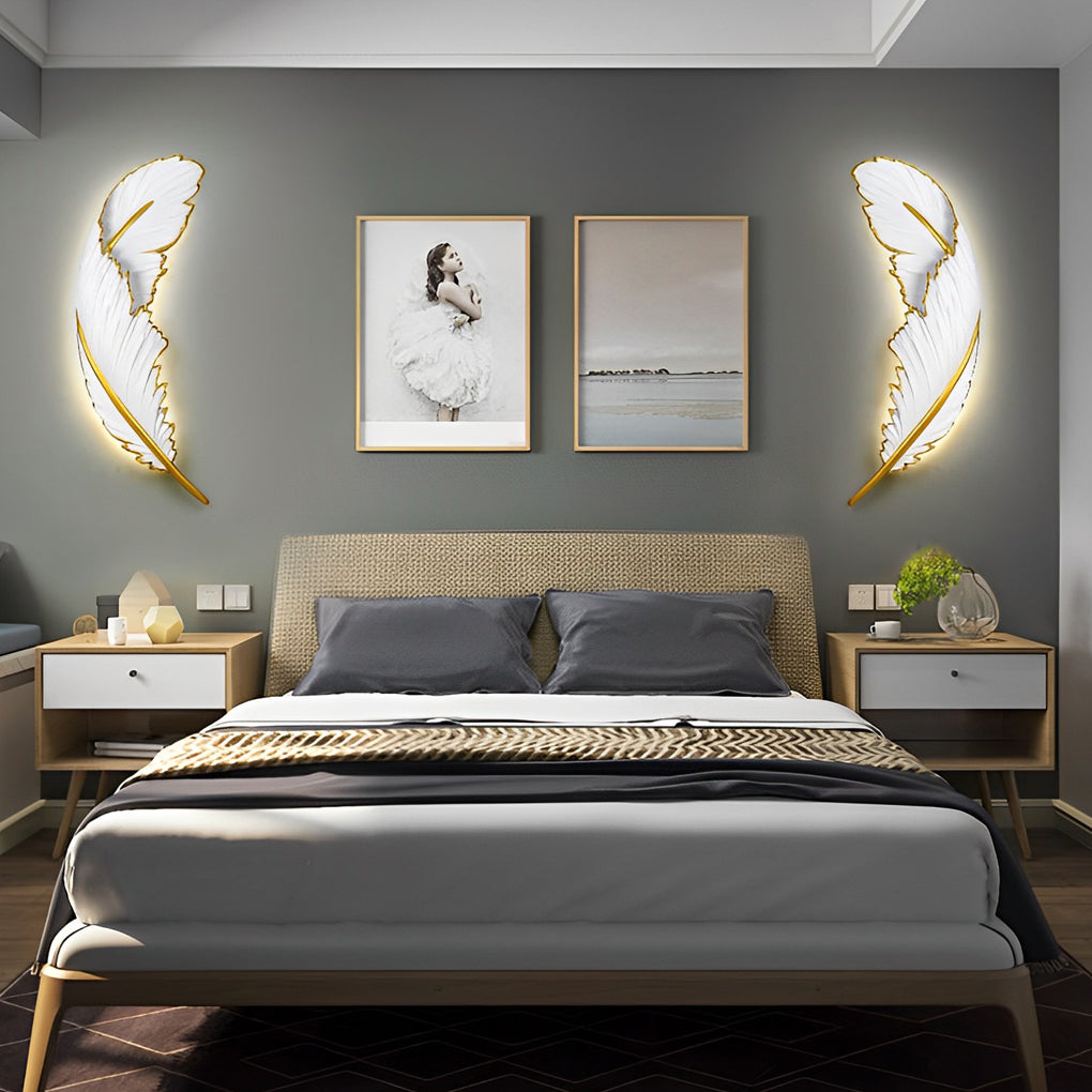 Feather LED wall lamp with a close-up of its glowing feather detail.