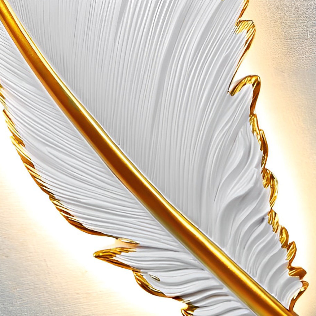 Feather LED wall lamp with a close-up of its intricate feather and gold design.