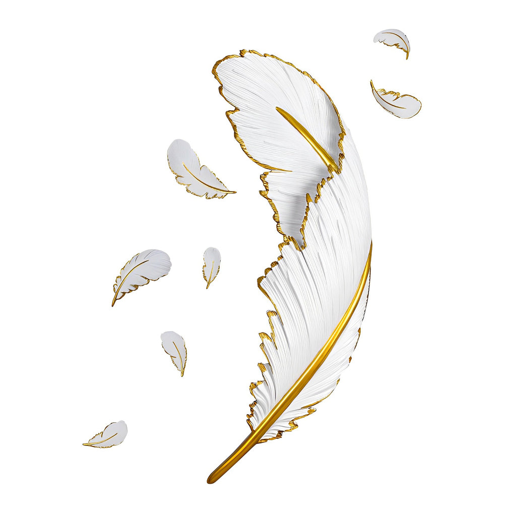 Feather LED wall lamp with a golden outline, providing elegant light near a mirror.