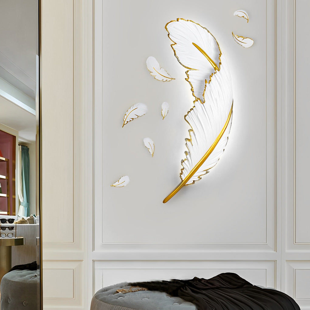 Feather LED wall lamp with a modern design, illuminating a contemporary bedroom.