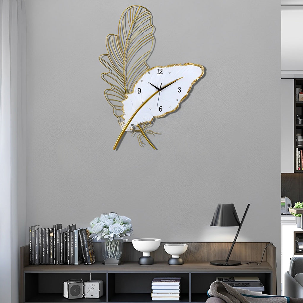 Feather wall clock with close-up of its intricate feather and clock design.