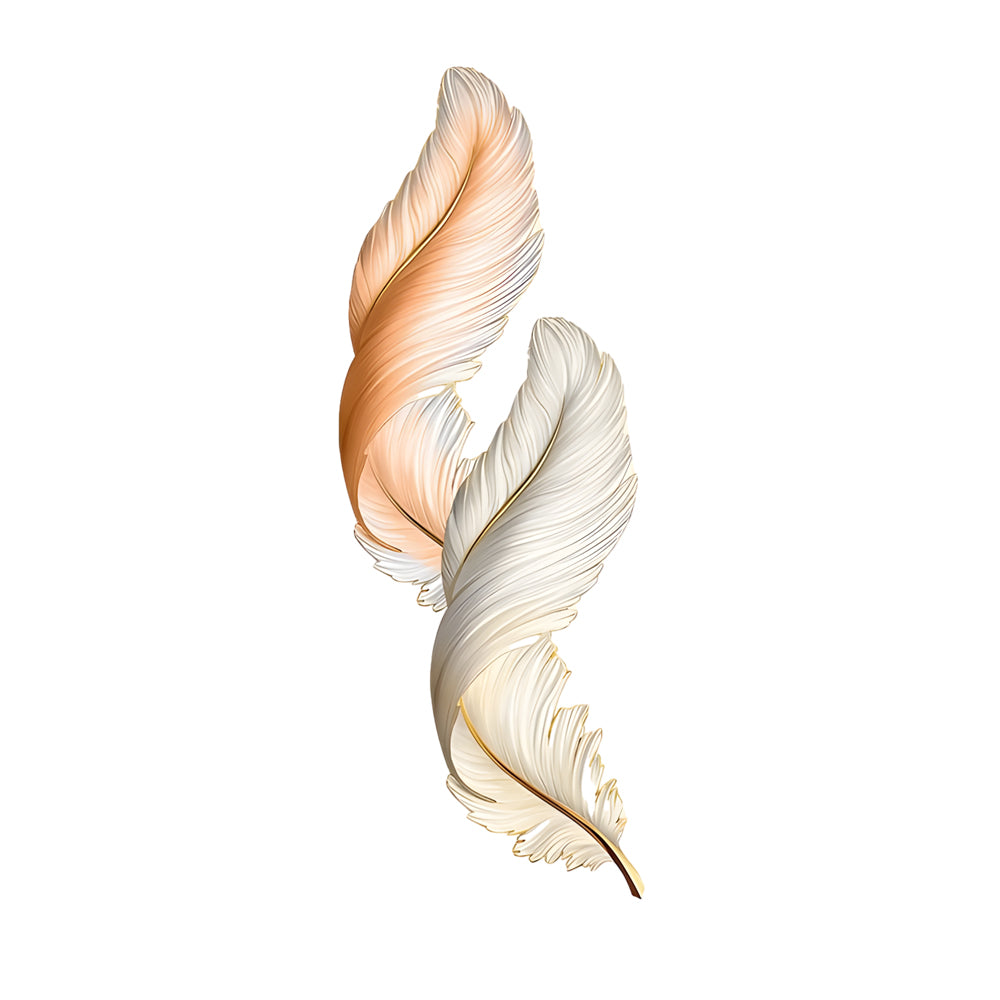 Warm gold feather wall decor light isolated on white background, emphasizing sculptural elegance and glow.